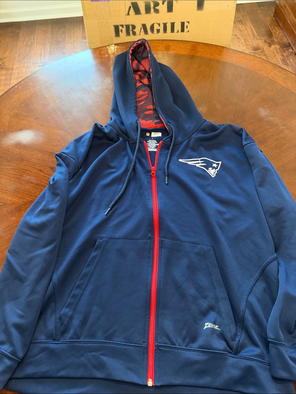 Women’s New England Patriots Navy Zip-Up Hoodie with Red Trim